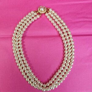 Vintage Faux Pearl Triple Strand Necklace With Ornate Gold Tone Clasp Choker